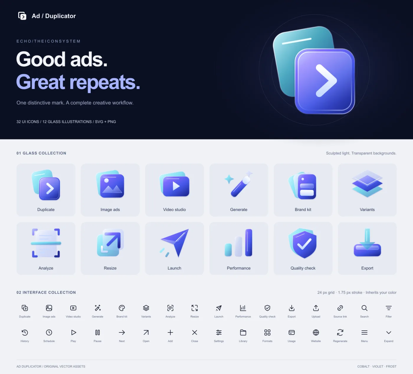 Echo icon system for Ad Duplicator: glass illustrations and 32 interface icons