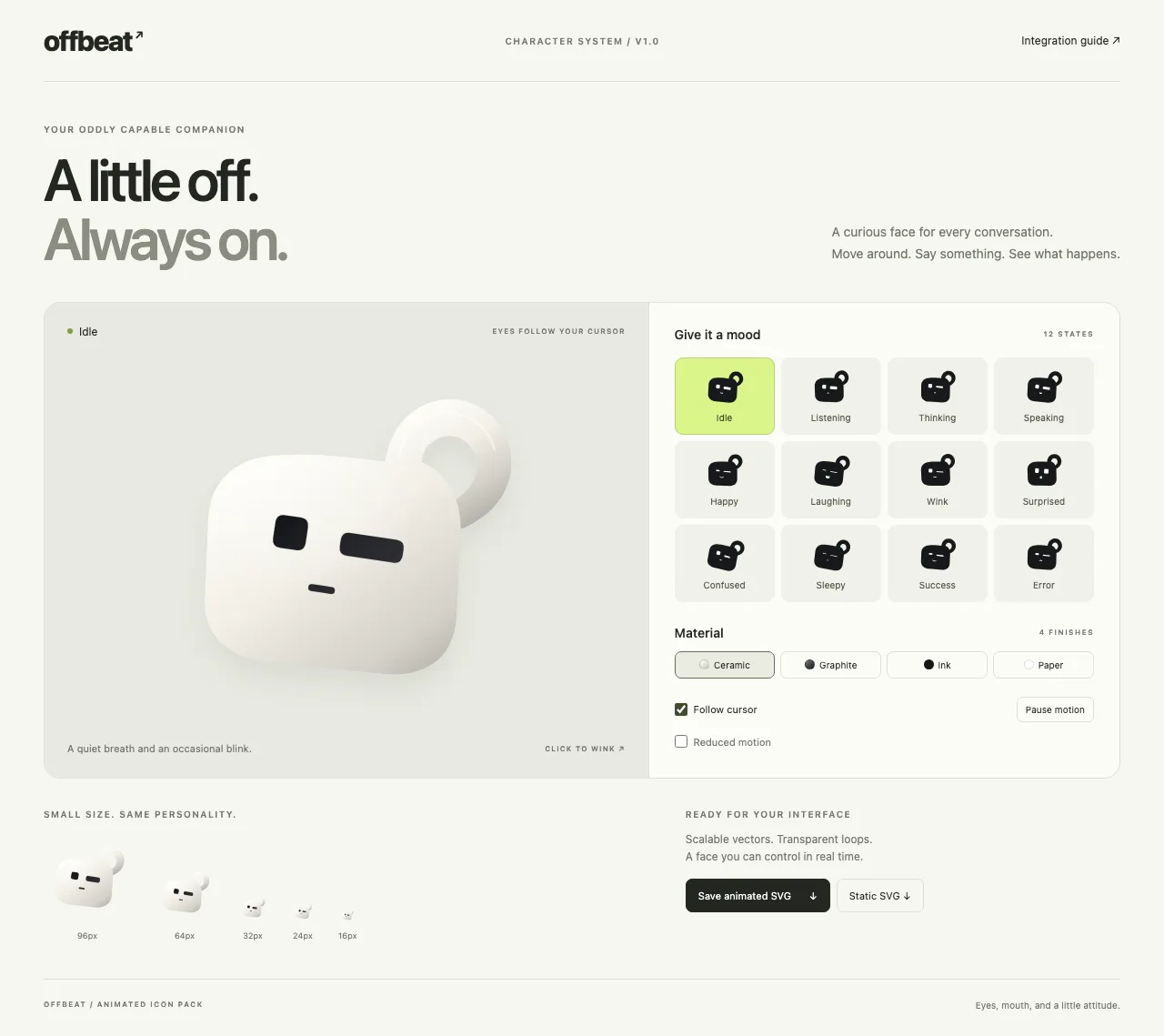 Offbeat animated character with 12 mood states and 4 material finishes